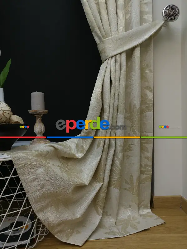 Krem Yaprak Desenli Jakar Fon Perde- Krem