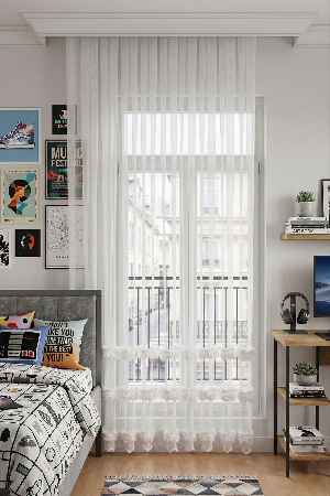 Bambu Zemin, Etek Püsküllü Tül Perde, Bambu Doğal Dokulu, Ekru