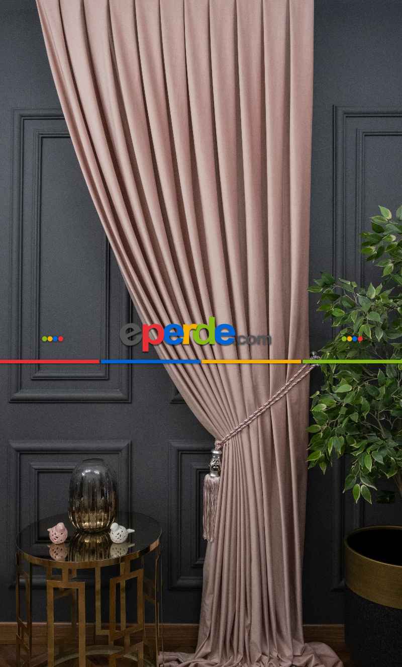 Yatak Odası - İthal Kadife Fon Perdelik Geniş Enli ( Pudra )