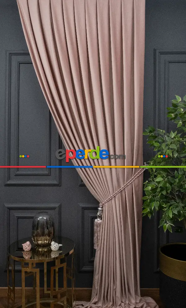 Salon Fon Perde - İthal Kadife Fon Perdelik Geniş Enli ( Pudra )