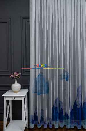 Hazır Ölçülü Petek Zemin Açık Mavi Renkli Dağ Ve Bulut Desenli Grek Baskılı Tül Perde