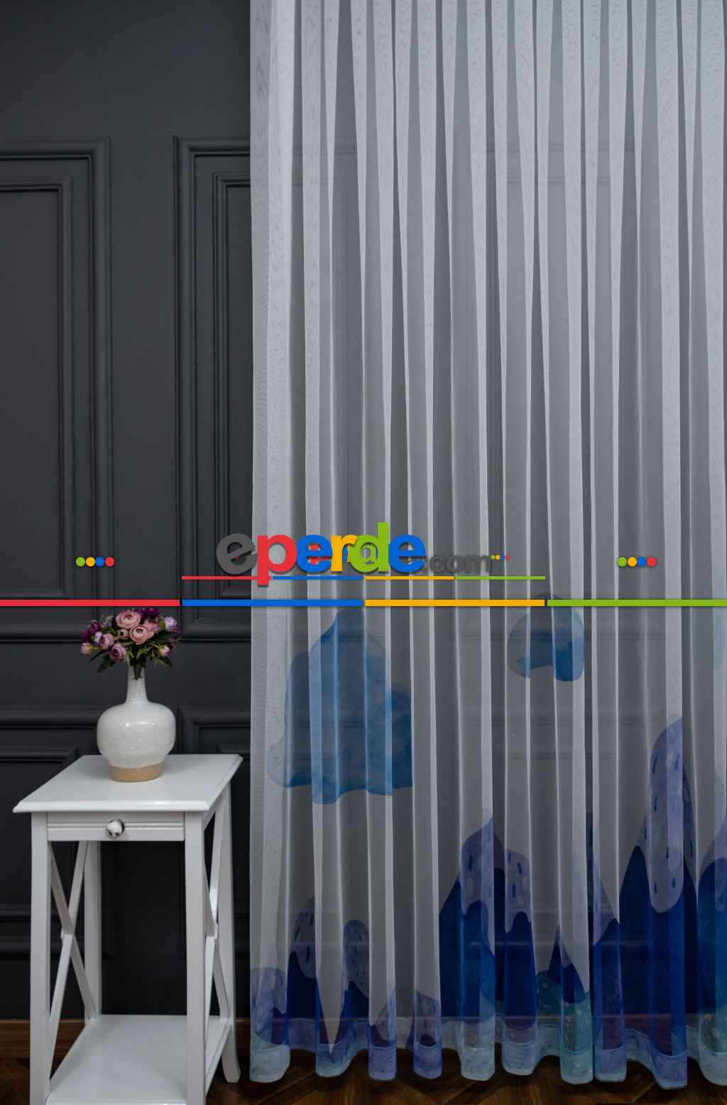 Hazır Ölçülü Petek Zemin Açık Mavi Renkli Dağ Ve Bulut Desenli Grek Baskılı Tül Perde