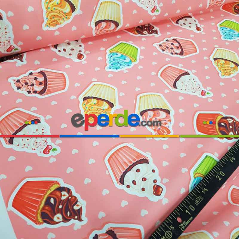 Cupcake Desenli Fon Perde K115 Kumaşı Kalındır Duck Bezi Değildir- Pembe