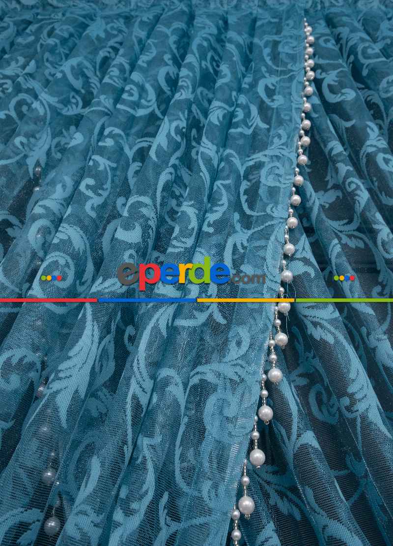 Petrol Mavi Sarmaşık Desen Tül Kruvaze Şal Tül Perde Yanki Tül - Düz Model Sipariş Seçeneği - Yatak Odası Tül