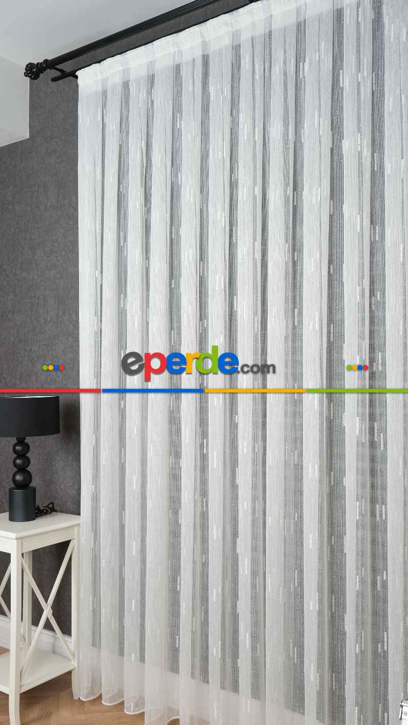 Ekru Şantuk Çizgili Tül Perde Tüğ