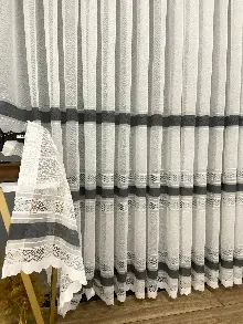 Siyah Gri Çizgili Tül Perde - Spor Desenli - Tül Perde - Örme Tül Perde - Ütü İstemeyen