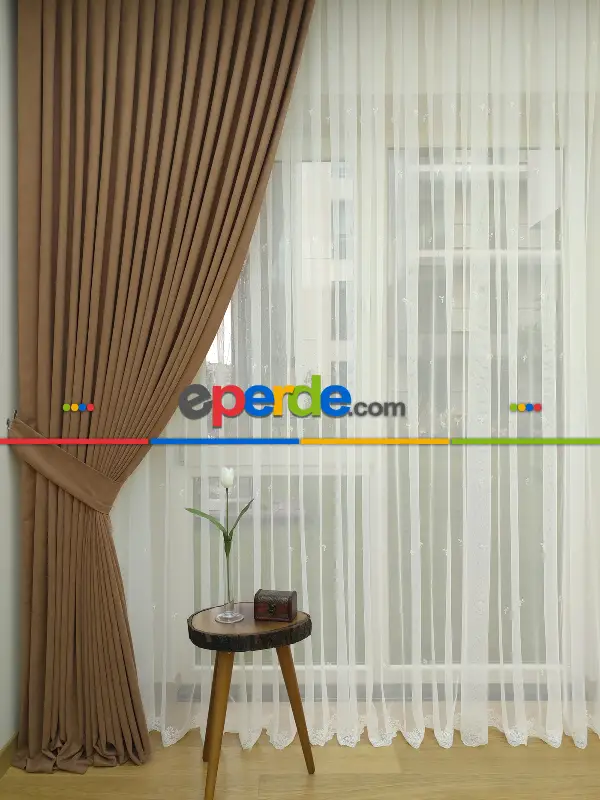 Saon Perdesi - Açık Kahve Düz Fon Perde Dökümlü Birinci Kalite 300 Cm Geniş En Daha Hesaplı- Açık Camel