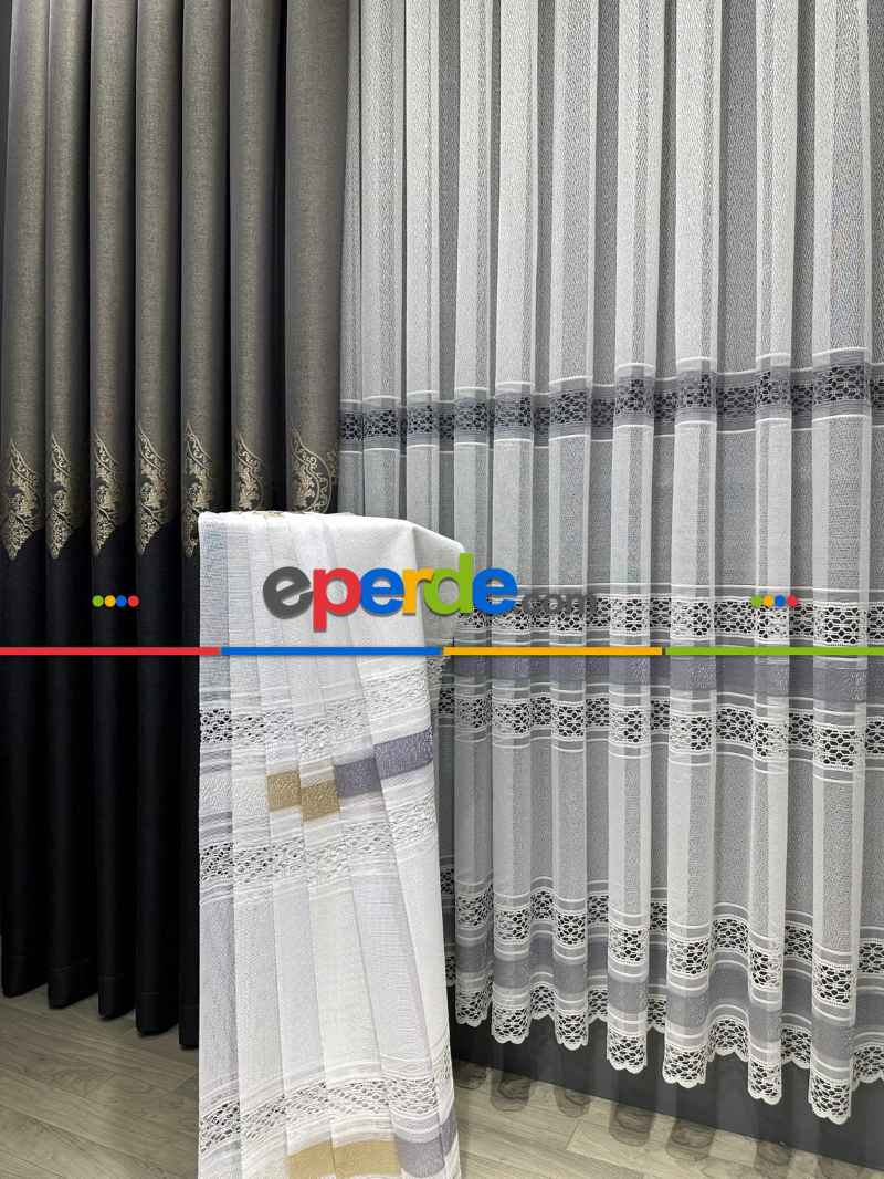 Salon - Aplik Örme Tül Perde Tek Kanat - Ekru / Gri