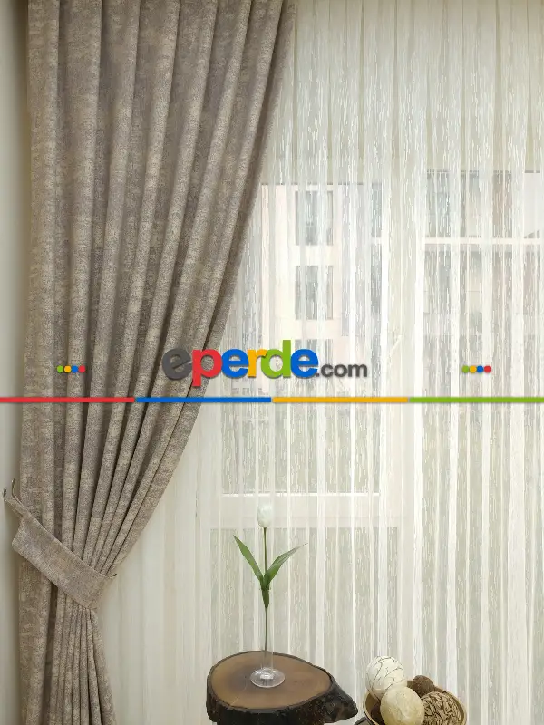 Mürdüm Krem- Düz Jakar Fon Perde (180)- Krem-Mürdüm