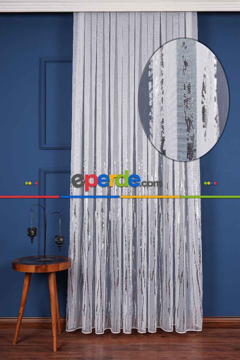 Salon Tül - Akarsu Dijital Baskılı Tül Perde - Ekru-gümüş