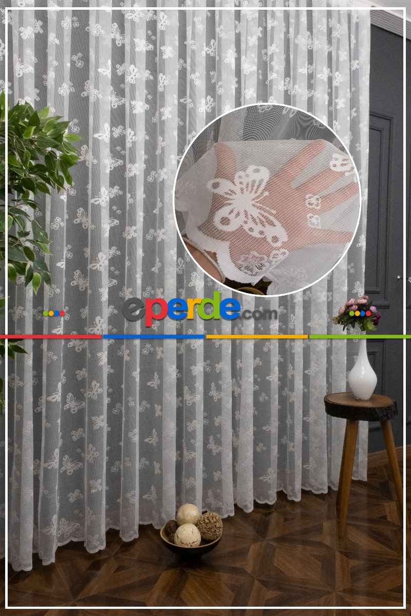 Kelebek Desenli Ekru Renkli Kız Çocuk Odası İçin Tül Perde