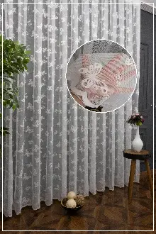 Çocuk Odası - Kelebek Desenli Ekru Renkli Kız Çocuk Odası İçin Tül Perde