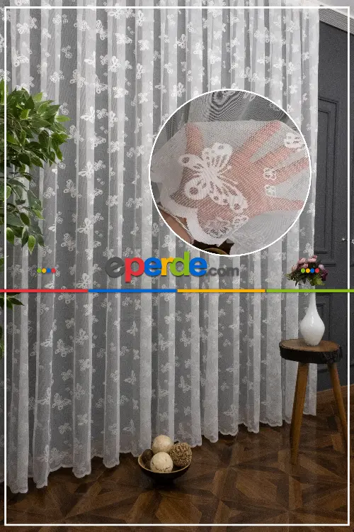 Kelebek Desenli Ekru Renkli Kız Çocuk Odası İçin Tül Perde