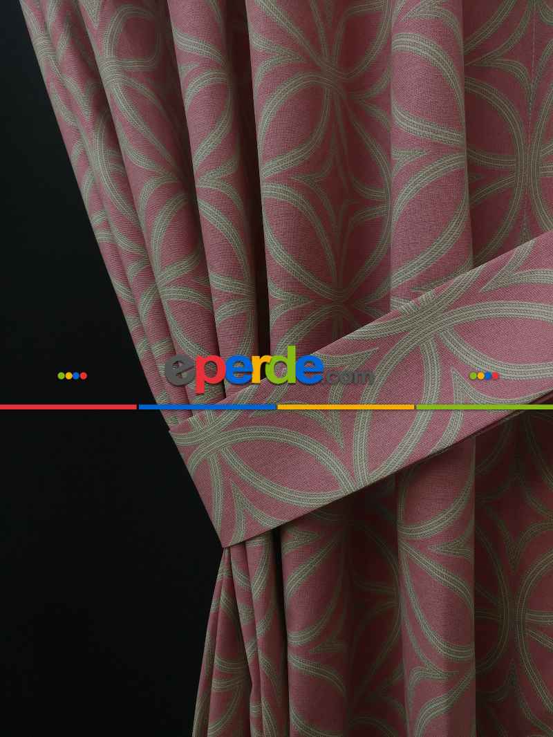 Yatak Odası - Dairesel Desenli Oturma Odası Fon Perde- Pembe Pudra Pembe