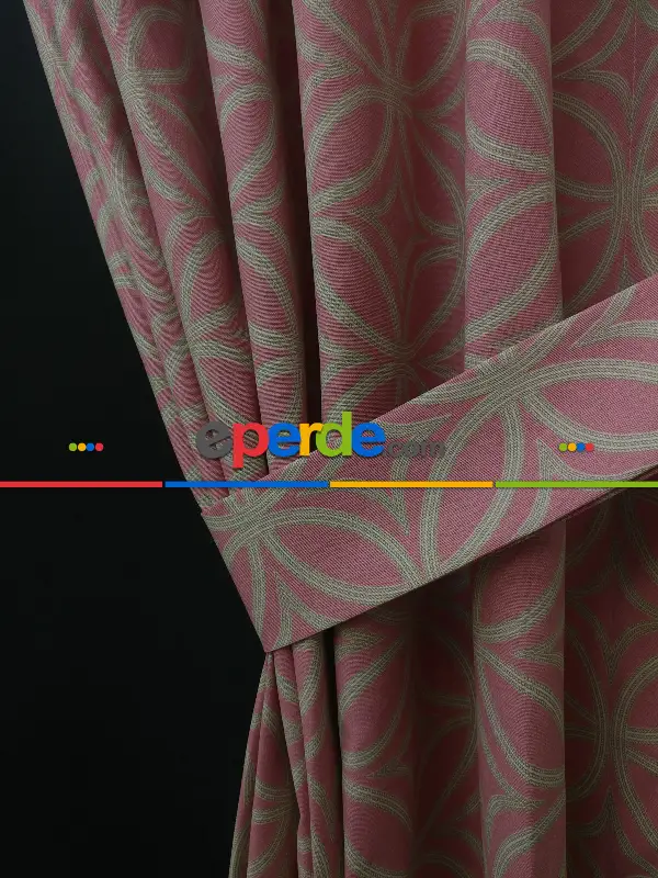 Dairesel Desenli Oturma Odası Fon Perde- Pembe Pudra Pembe