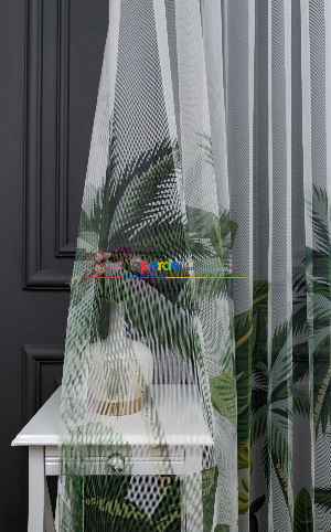 Hazır Ölçülü Petek Zemin Yeşil Renkli Yapraklar Desenli Grek Baskılı Tül Perde