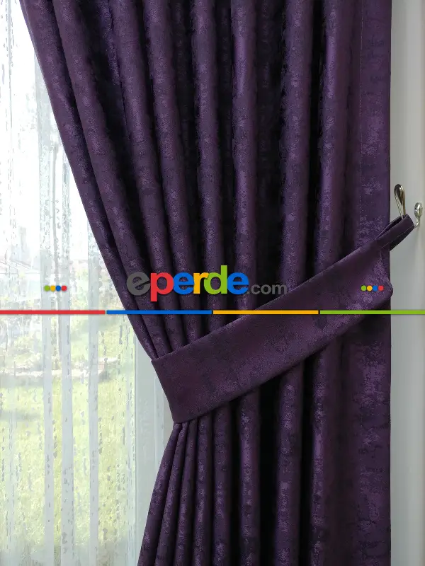 Patinedesenli Mor - Katyonik Jakar Fon Perde- Mor