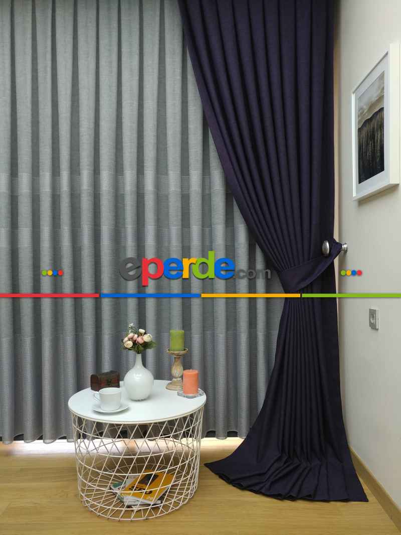 Keten Patlıcan Moru Rengi Düz Fon Perde- Mor Patlıcan Moru