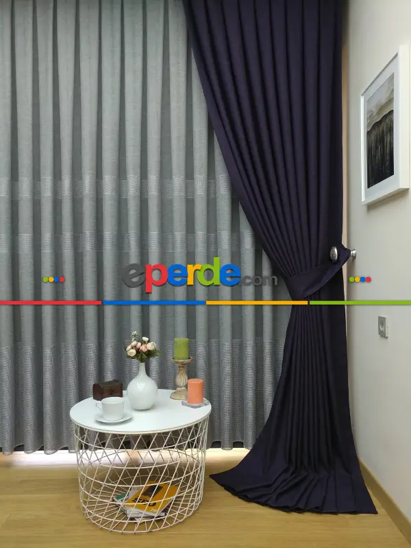 Salon Fon Perde - Keten Patlıcan Moru Rengi Düz Fon Perde- Mor Patlıcan Moru