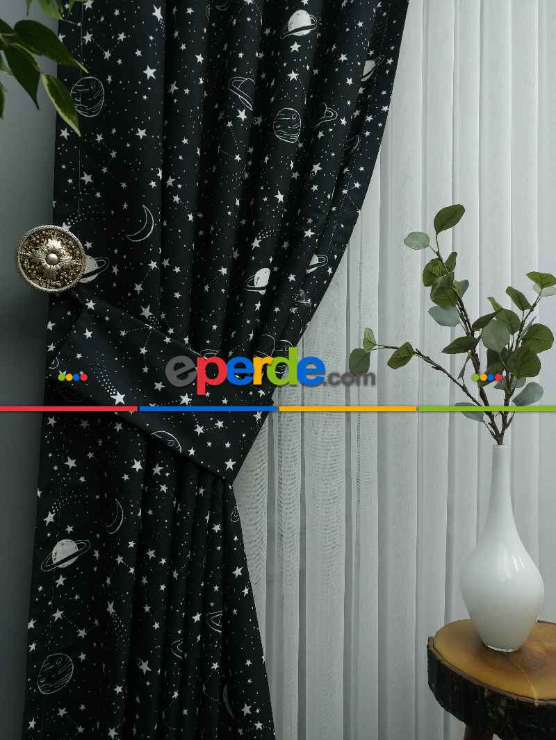 Uzay Gezegen Desenli Fon Perde Evm667 Kumaşı Kalındır Duck Bezi Değildir- Siyah-Beyaz