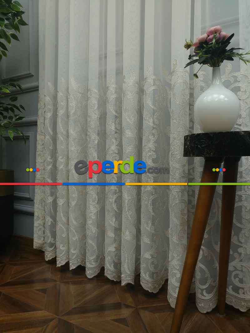 Salon Tül Perde - Eteği Duble Nakış İşlemeli Tül Perde Ikon 2021 -1- Krem