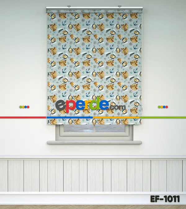 Kaptan Köpekçik Baskılı Stor Perde- Mavi-beyaz-kahve