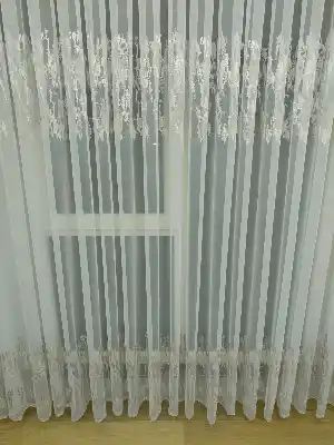 Ağaç Kabuğu Desenli Kabartma Nakış İşlemeli Tül Perde- Krem-ekru