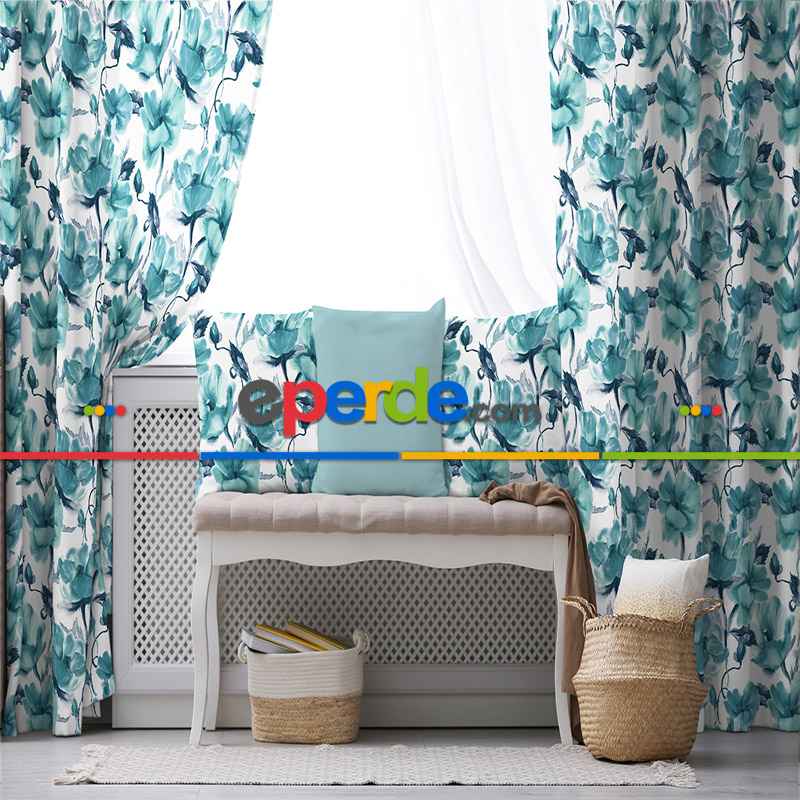 Oturma Odası Fon Perde Evim1557 Kumaşı Kalındır Duck Bezi Değildir- Mavi-beyaz