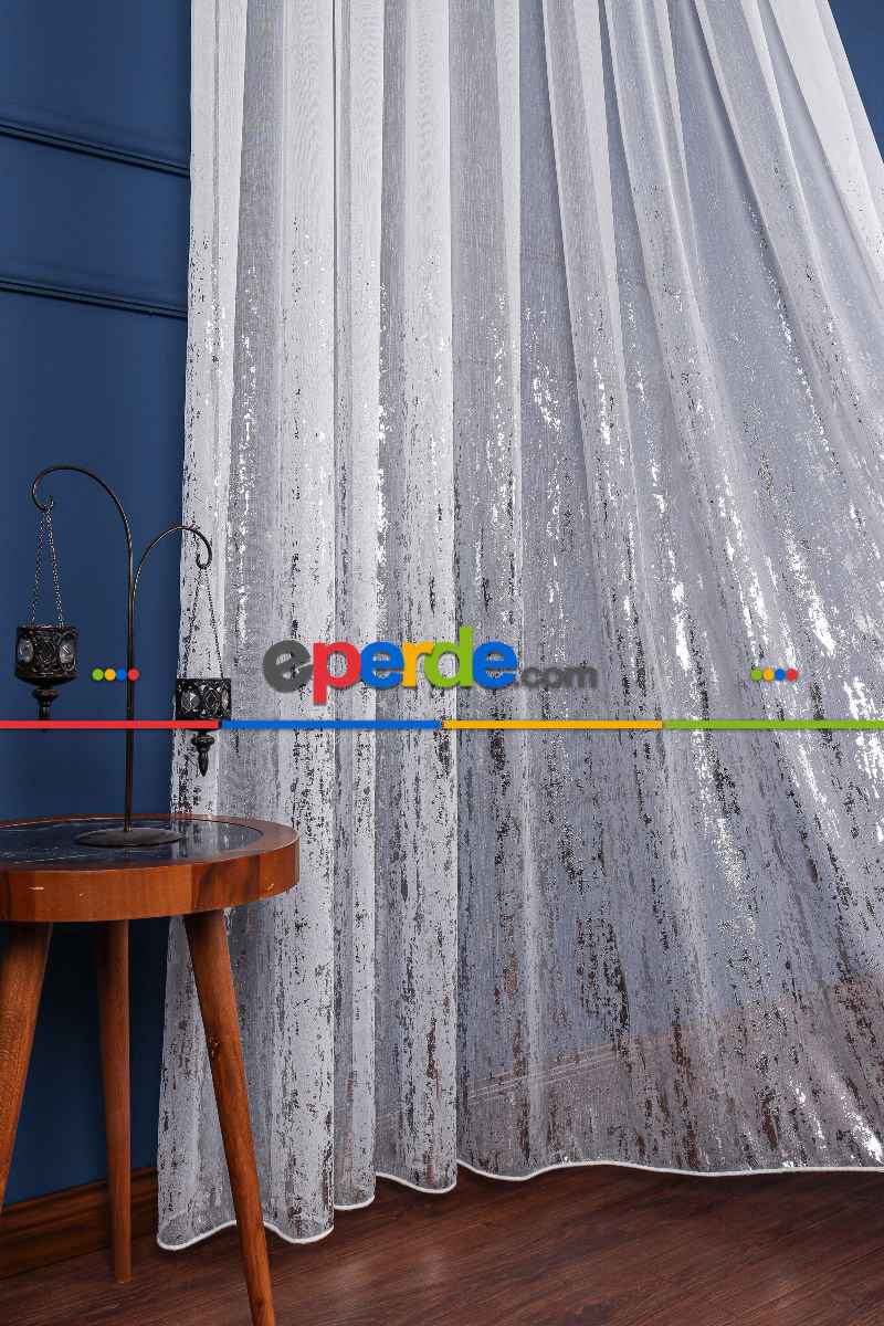 Salon Tül - Empoli Dijital Baskılı Tül Perde Ekru-gümüş