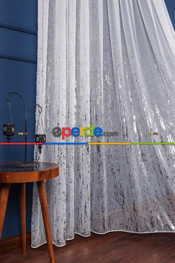 Salon Tül - Empoli Dijital Baskılı Tül Perde Ekru-gümüş