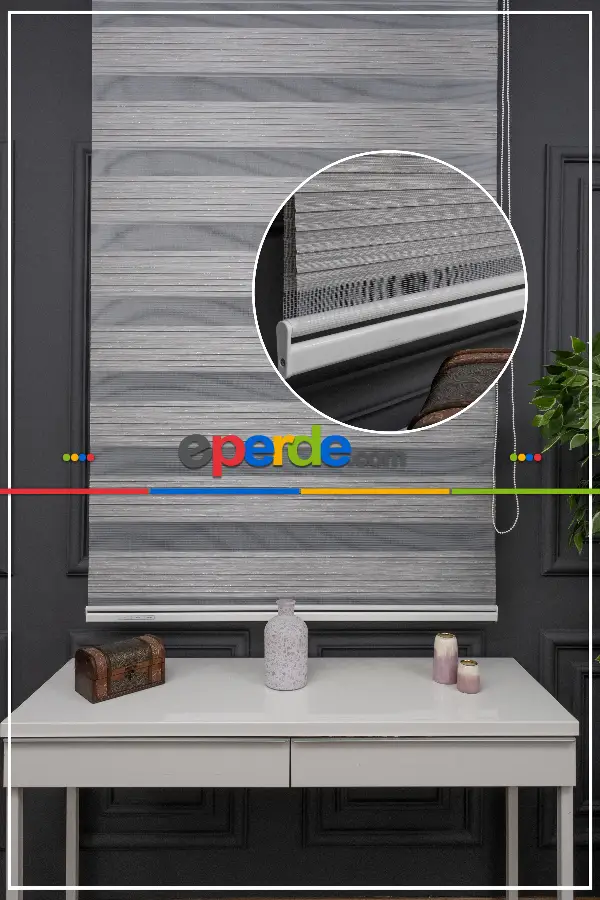 Zebra Perde - Gümüş Simli Geniş Plise Zebra Perde