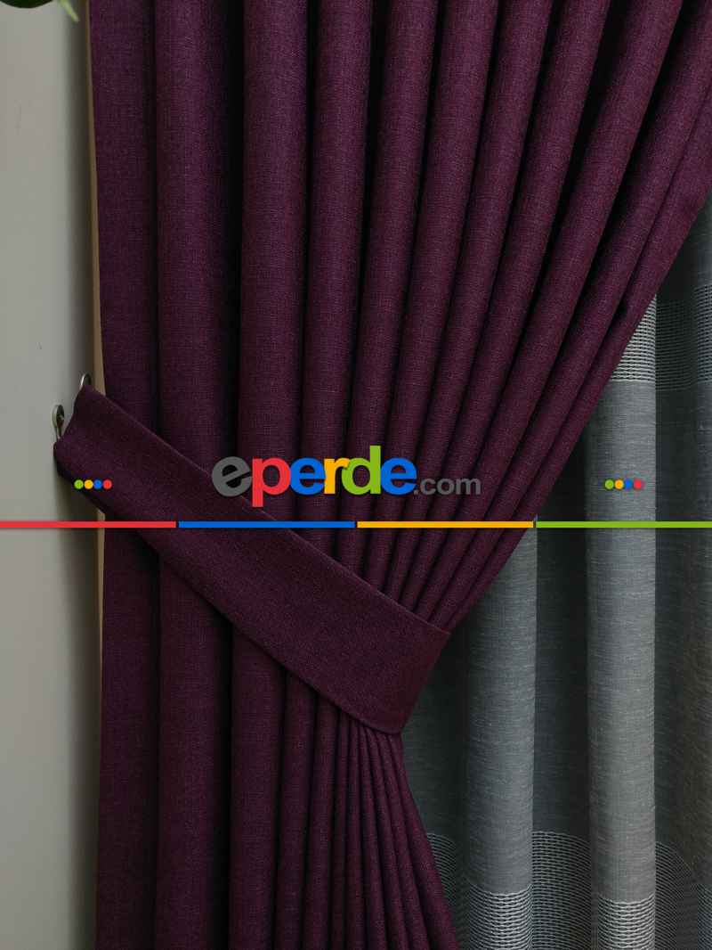 Keten Mor Düz Fon Perde- Mor