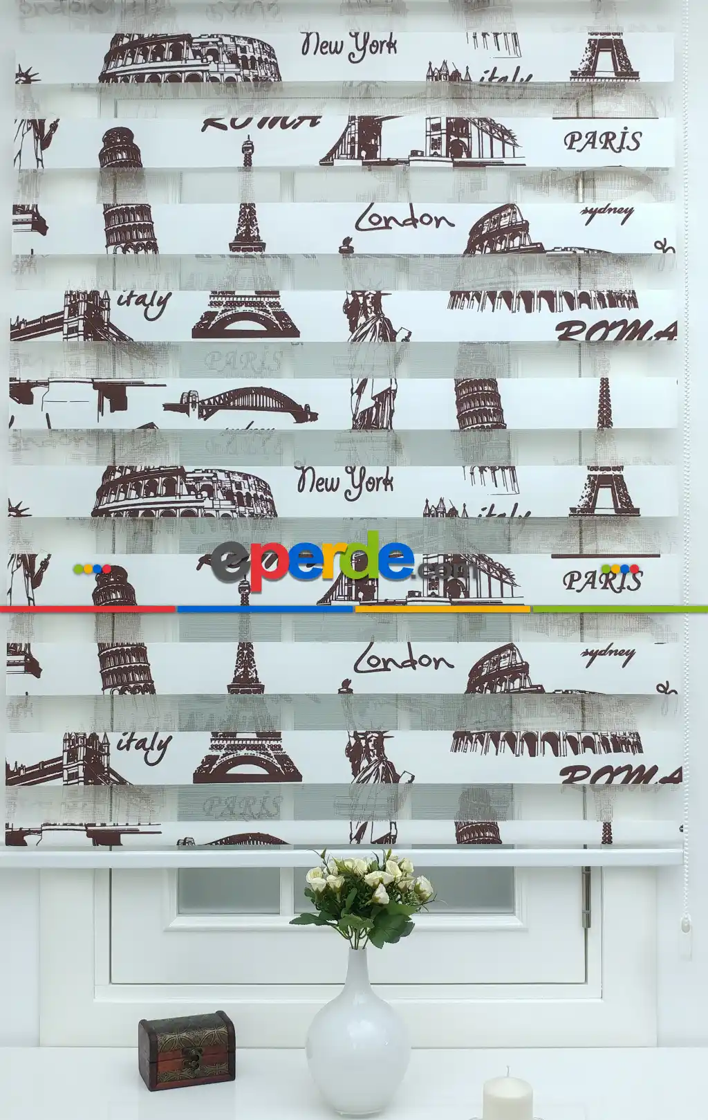 %40 Indirimli !!! Paris Baskılı Zebra Perde 70x200cm- Kahverengi