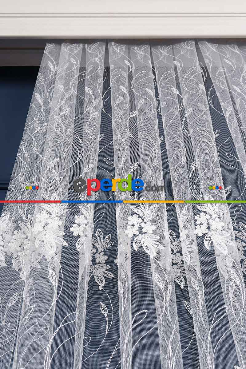 Mutfak Brode Işlemeli Sarmaşık Desen Çiçekli Tül Perde