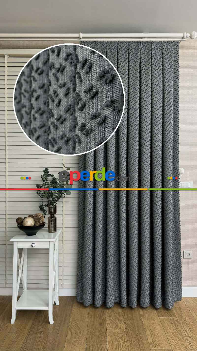 Yatak Odası - Ponponlu Gri Jakar Dokuma, Premium Kalite Serisi Fon Perde