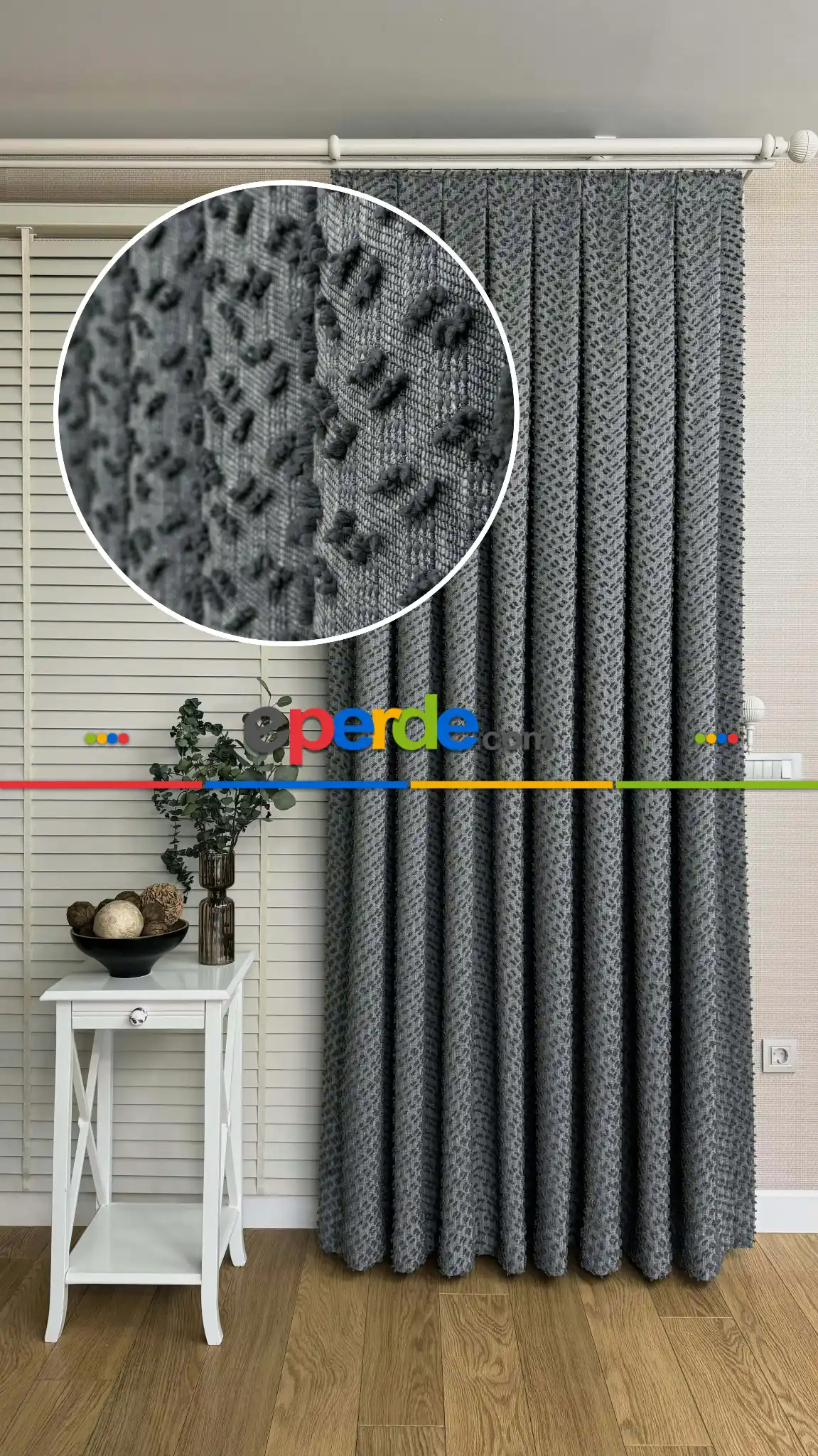 Salon - Ponponlu Gri Jakar Dokuma, Premium Kalite Serisi Fon Perde