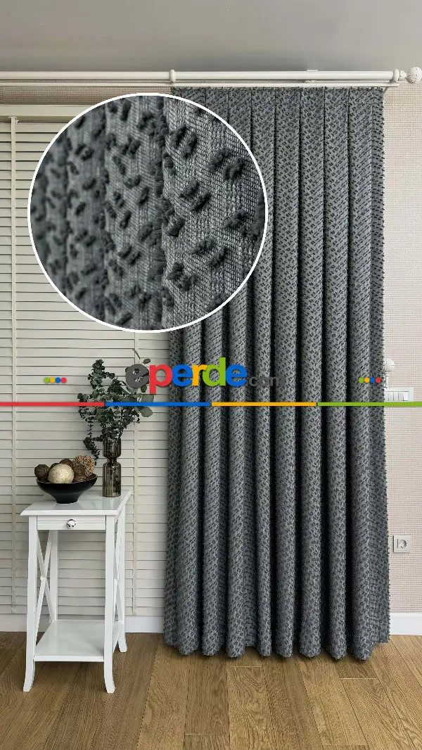 Salon - Ponponlu Gri Jakar Dokuma, Premium Kalite Serisi Fon Perde