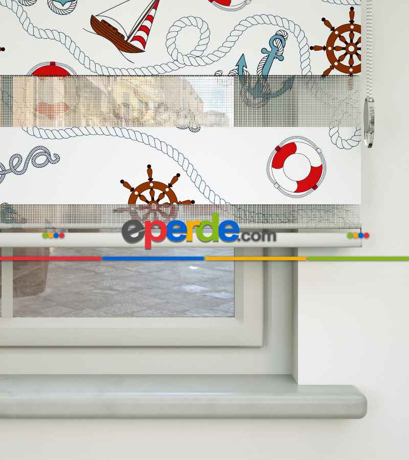 Deniz Feneri Baskılı Zebra Perde- Gri-füme-antrasit-kırmızı-beyaz-kahve