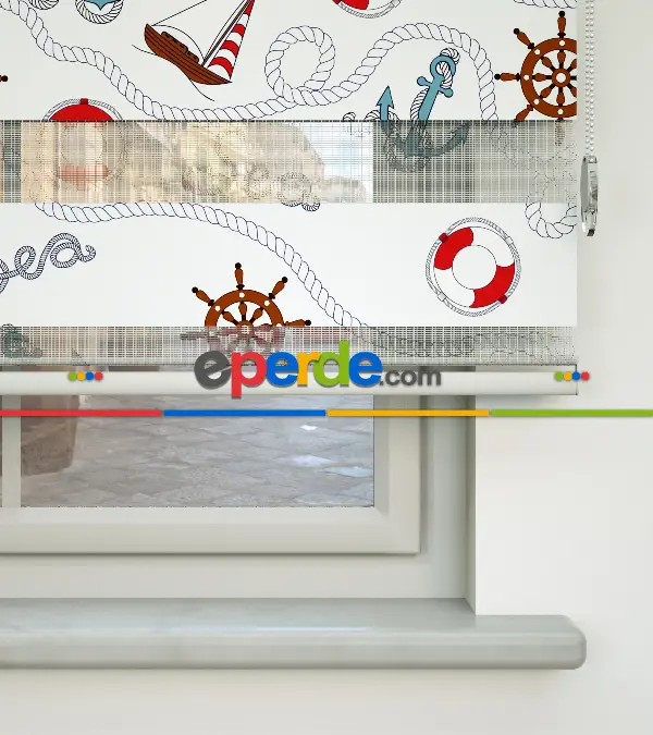 Bebek Odası Zebra Perde - Deniz Feneri Baskılı Zebra Perde- Gri-Füme-Antrasit-Kırmızı-Beyaz-Kahve