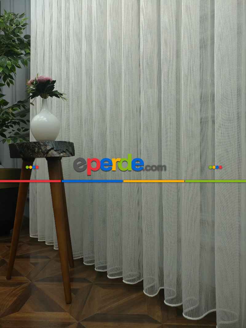 Mutfak - Çizgili Düz Tül Perde - Çelik Tül - Ütü İstemez- Ekru