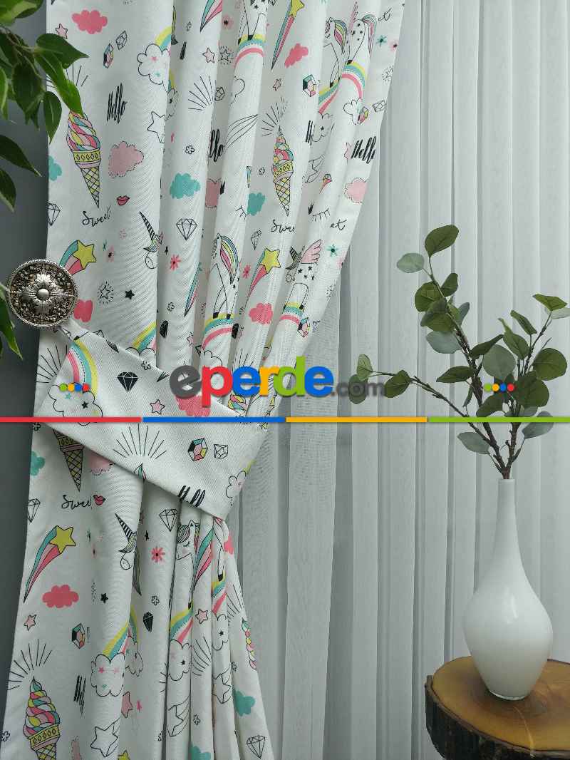 Unicorn Desenli Fon Perde Evm681 Kumaşı Kalındır Duck Bezi Değildir- Siyah-Beyaz-Pembe