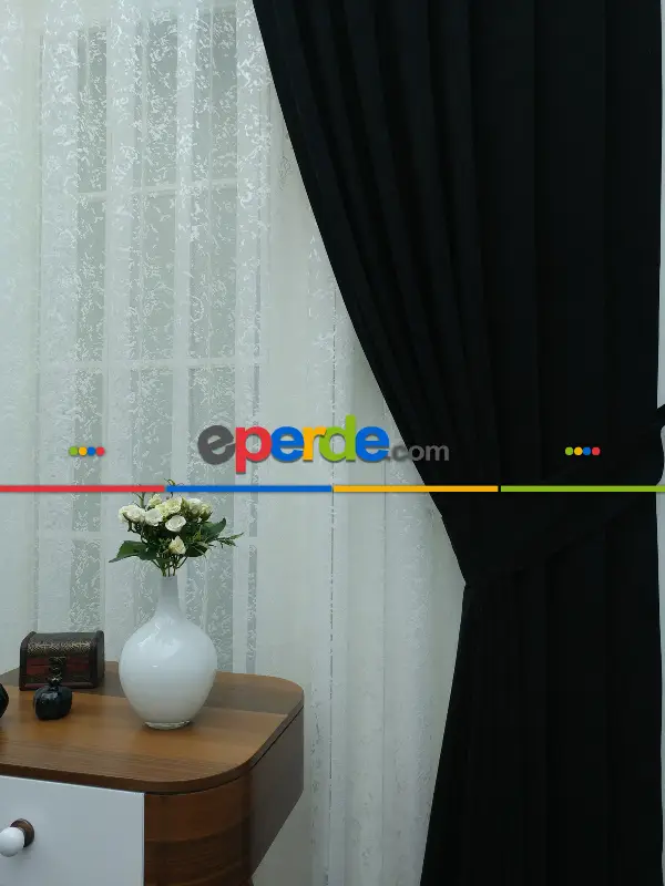 Siyah Düz Sade Mutfak Fon Perde Yan Kanat Perdesi- Siyah