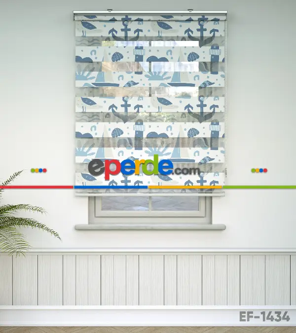 Bebek Odası Zebra -  Denizci Desenli Baskılı Zebra Perde- Mavi-Çok Renkli-Kum Beji