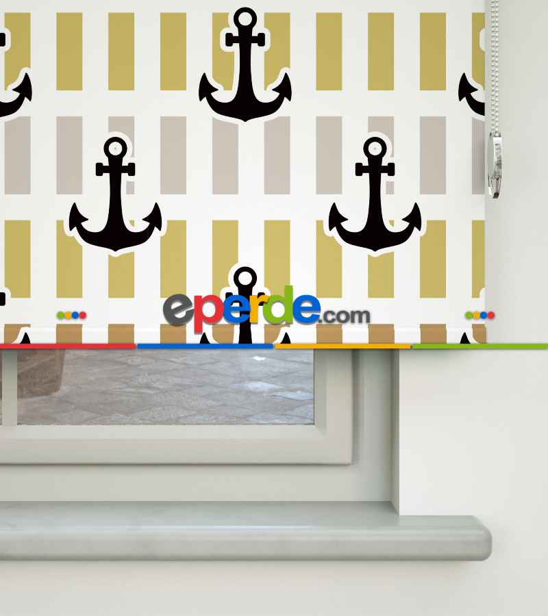 Çocuk Odası Stor Perde - Çapa Baskılı Stor Perde- Siyah-Mavi-Sarı-Beyaz