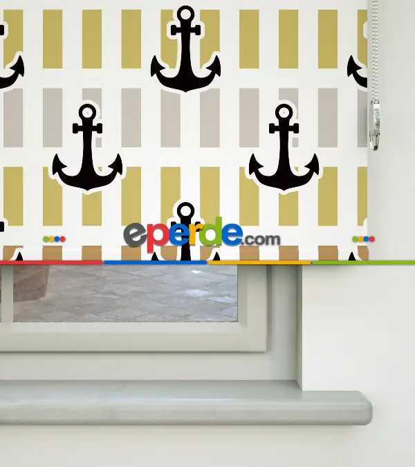 Çapa Baskılı Stor Perde- Siyah-mavi-sarı-beyaz