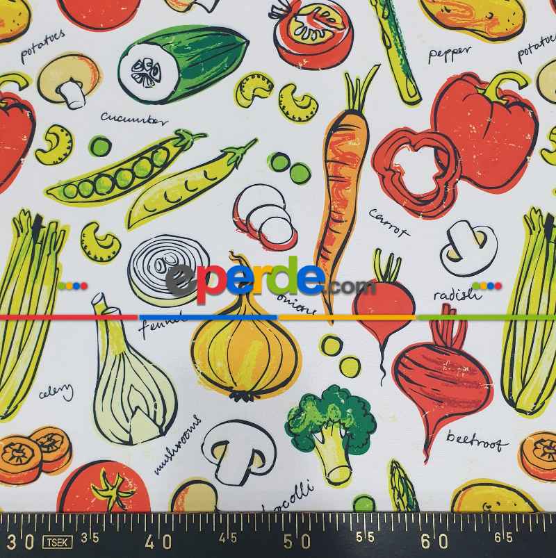 Mutfak Perdesi Kanat Fon Perde Sebze Desenli- Yeşil