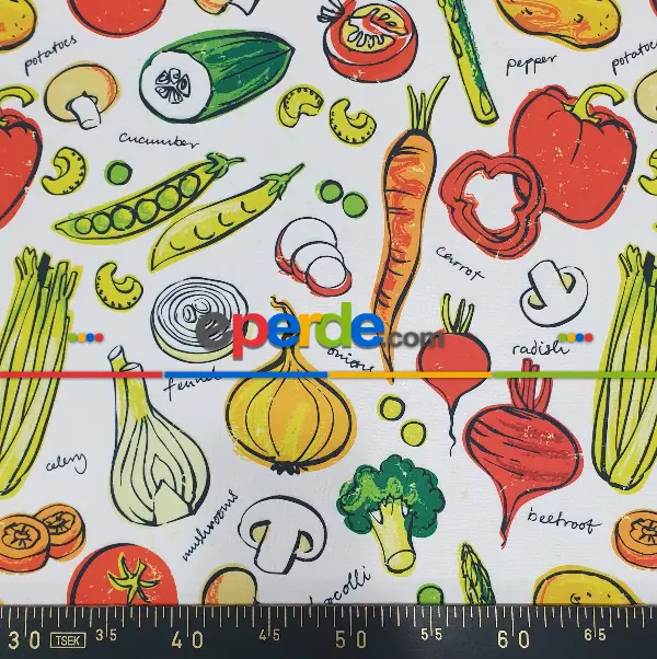 Sebze Desenli Fon Perde K735 Kumaşı Kalındır Duck Bezi Değildir- Yeşil-Kırmızı-Sarı-Beyaz-Turuncu