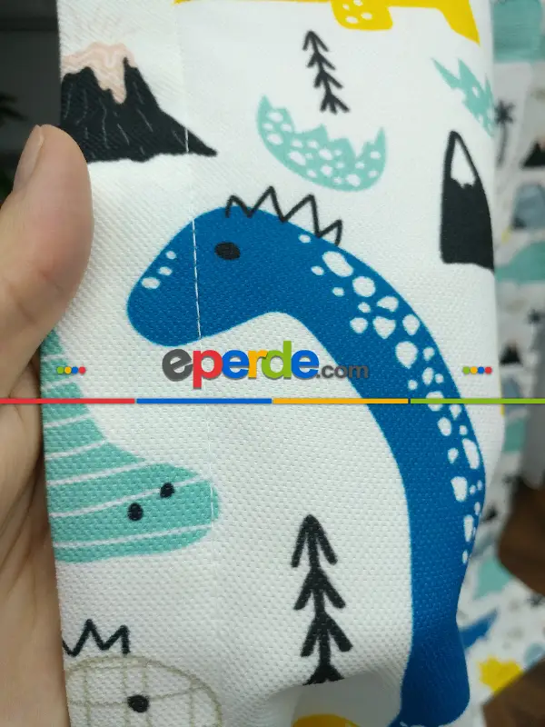 Bebek Odası Fon - Dinazor Desenli Fon Perde Evm499 Kumaşı Kalındır Duck Bezi Değildir- Mavi-Sarı