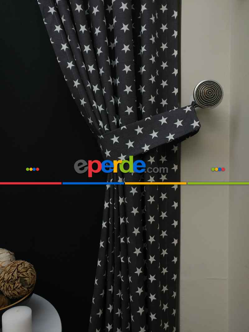 Siyah-beyaz Yıldız Desenli Fon Perde ( Leke Tutmaz )- Siyah-beyaz