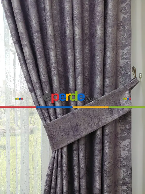 Patinedesenli Lila - Katyonik Jakar Fon Perde- Lila